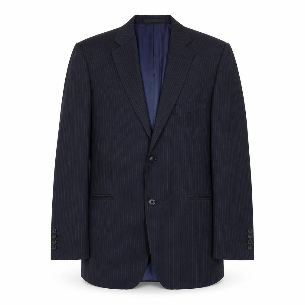 Front view of Marks & Spencer men’s blue striped polyester jacket suit jacket, size 40, regular