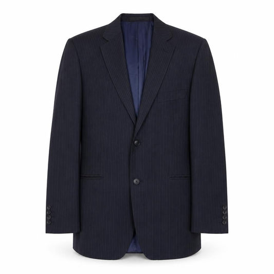Front view of Marks & Spencer men’s blue striped polyester jacket suit jacket, size 40, regular
