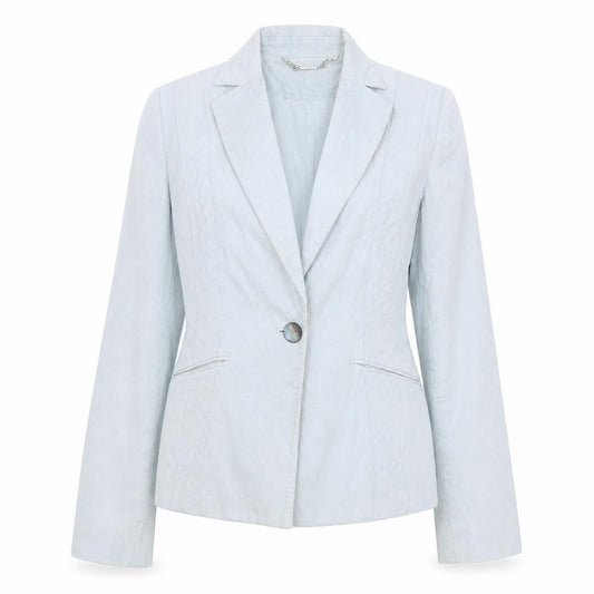 Front view of Mango women’s blue jacket, size UK 8, button