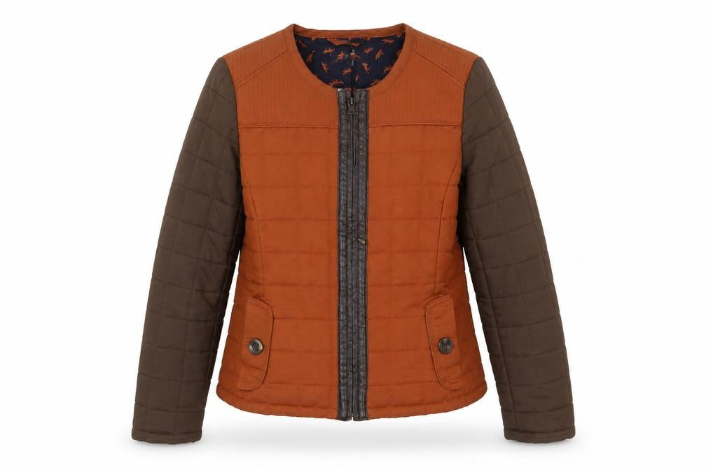 Front view of Marks & Spencer women’s orange quilted jacket, size UK 10, zip