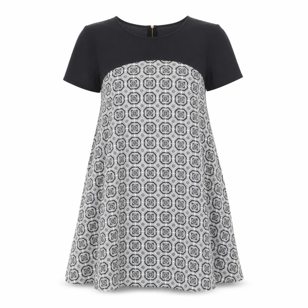 Front view of Atmosphere women’s black geometric polyester trapeze & swing, size UK 8, round neck zip