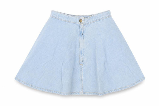 Front view of Made in USA women’s blue cotton skater skirt, size XS, button