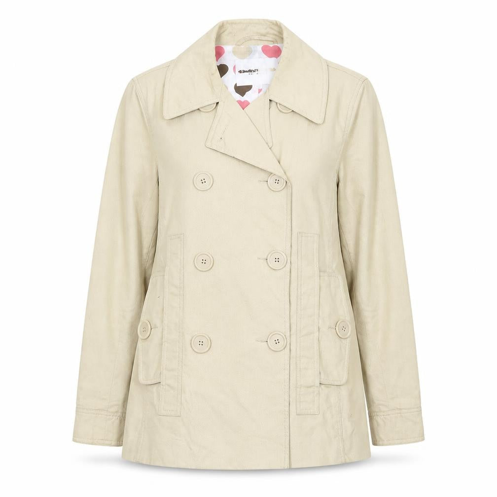 Front view of Clements Ribeiro women’s beige pea coat coat, size UK 10, button