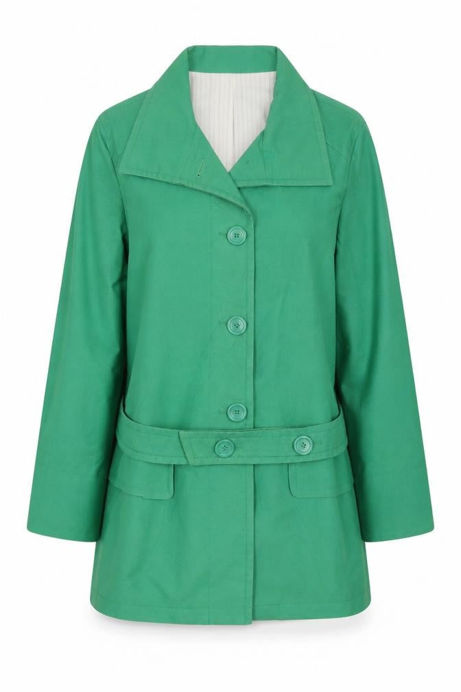 Front view of Therapy women’s green overcoat coat, size UK 14, button