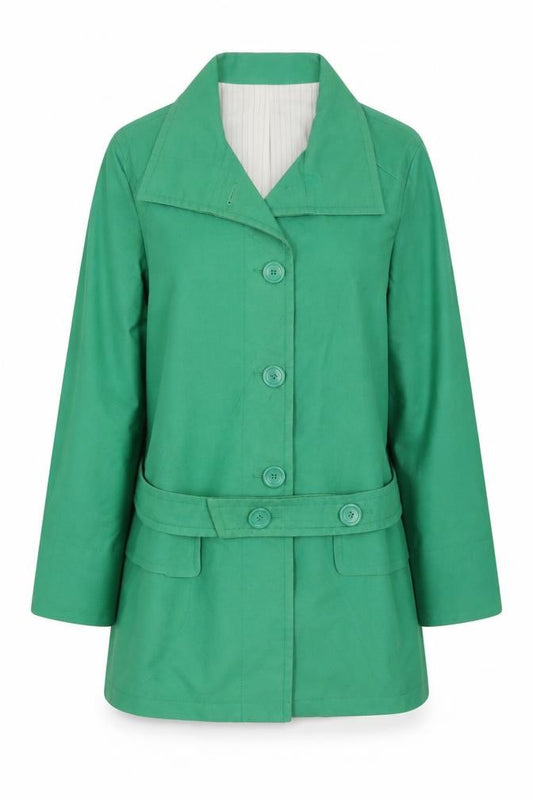 Front view of Therapy women’s green overcoat coat, size UK 14, button