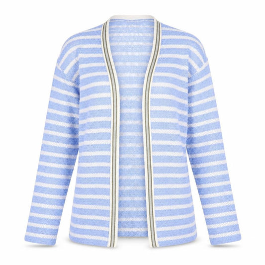 Front view of Next women’s blue v-neck striped cotton cardigan jumper, size UK 8