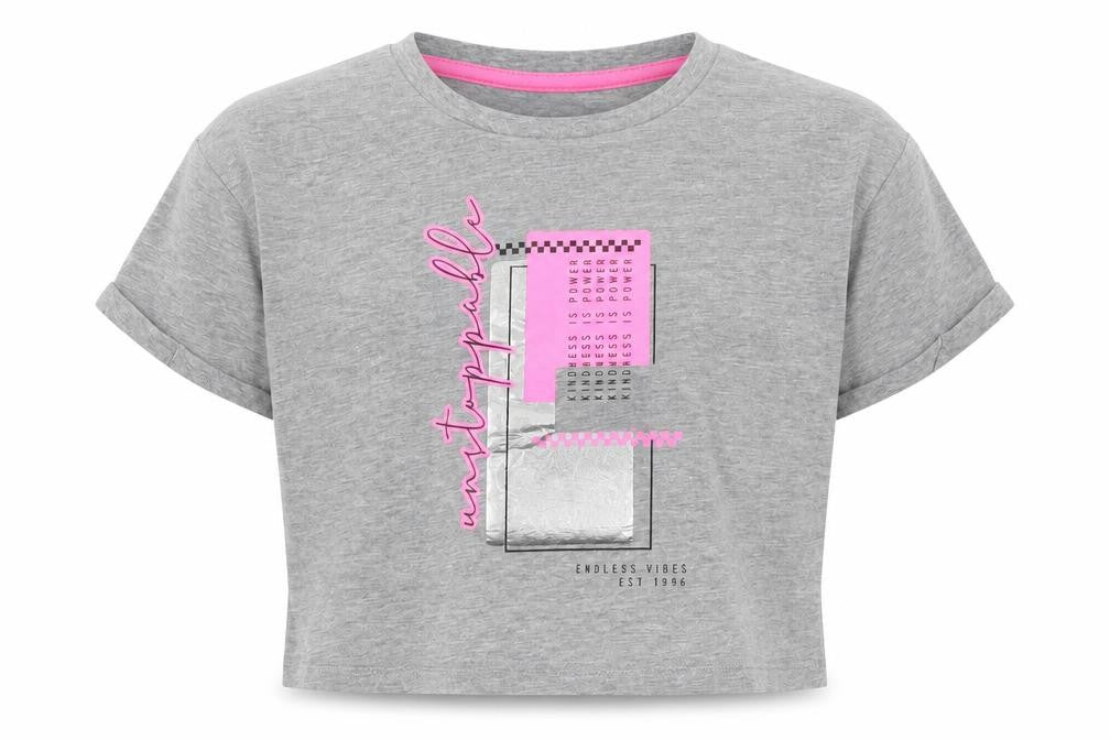 Front view of George girls’ grey cotton basic t-shirt, size 6-7, years round neck pullover