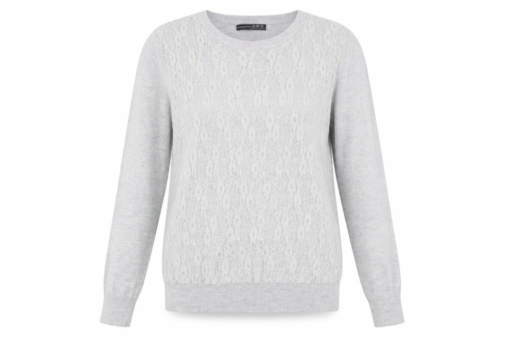 Front view of Primark women’s grey round neck viscose jumper, size UK 12, - lace overlay