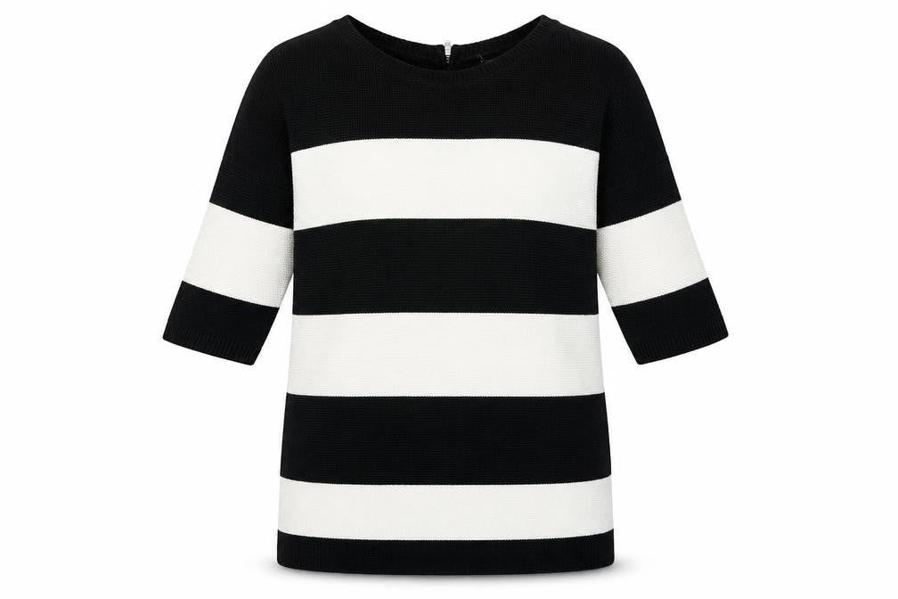 Front view of Soon women’s black round neck striped cotton jumper, size UK 14