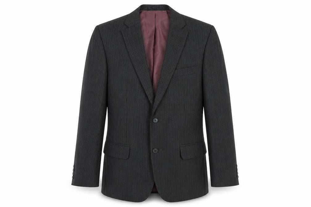 Front view of F&F men’s grey striped polyester jacket suit jacket, size 36, regular