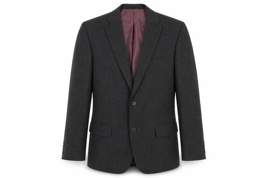 Front view of F&F men’s grey striped polyester jacket suit jacket, size 36, regular