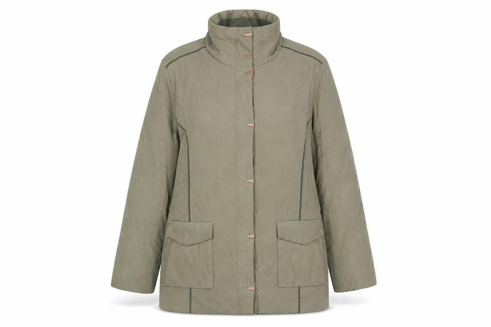 Front view of Klass women’s brown overcoat coat, size L, zip