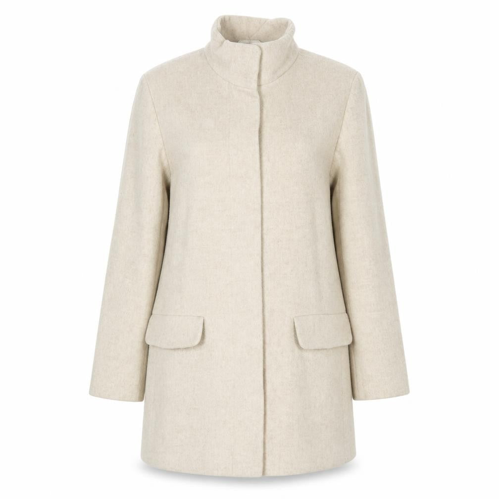 Front view of Marks & Spencer women’s beige overcoat coat, size UK 14, button