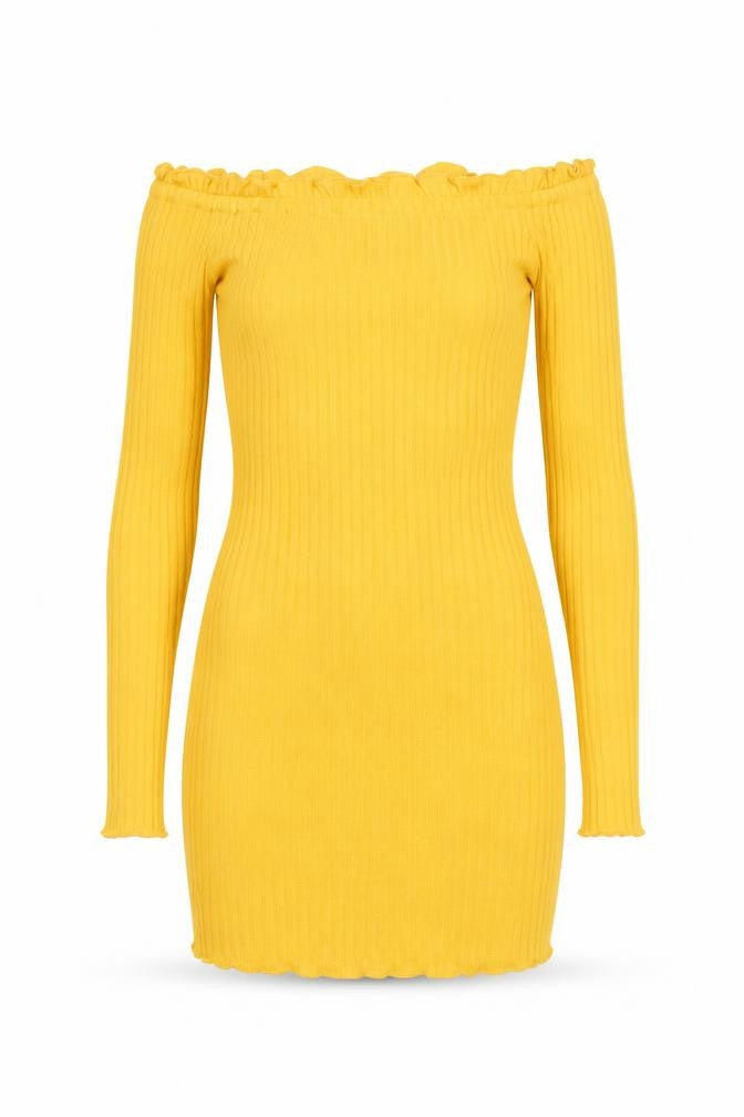 Preworn Womens Yellow Cotton Bodycon Size S Off the Shoulder Pullover