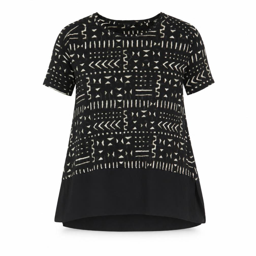 Front view of Next women’s black geometric polyacrylate fibre basic blouse, size UK 8, round neck