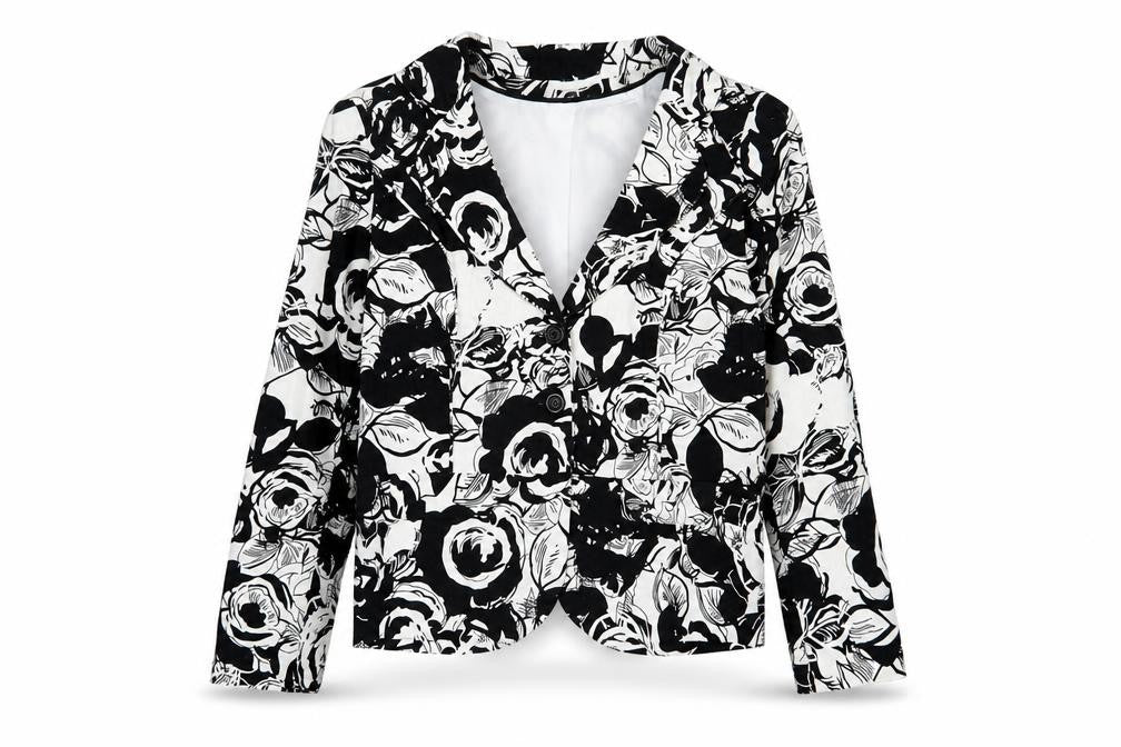 Front view of EWM women’s black floral jacket, size UK 12, button