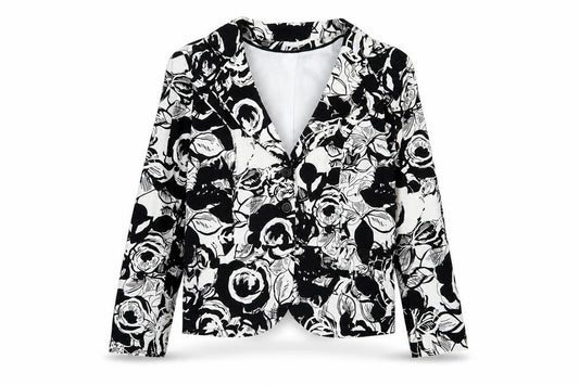 Front view of EWM women’s black floral jacket, size UK 12, button