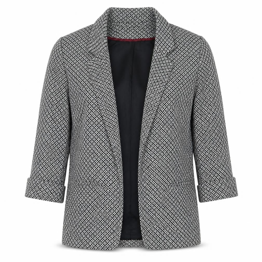 Front view of Topshop women’s black geometric jacket blazer, size UK 10, - open
