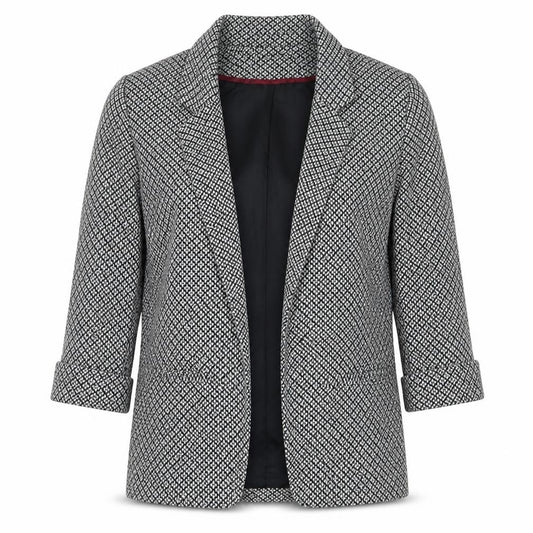 Front view of Topshop women’s black geometric jacket blazer, size UK 10, - open