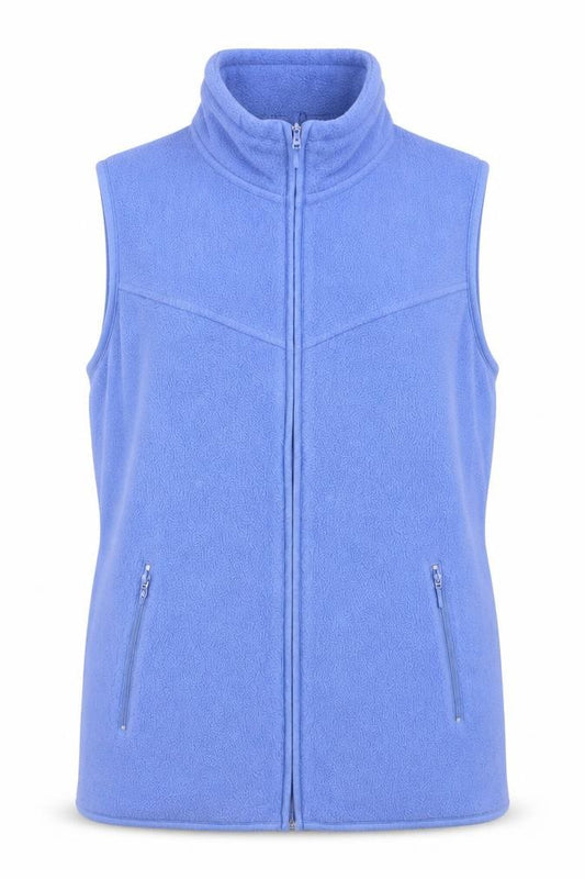 Front view of EWM women’s blue gilet waistcoat, size S, zip