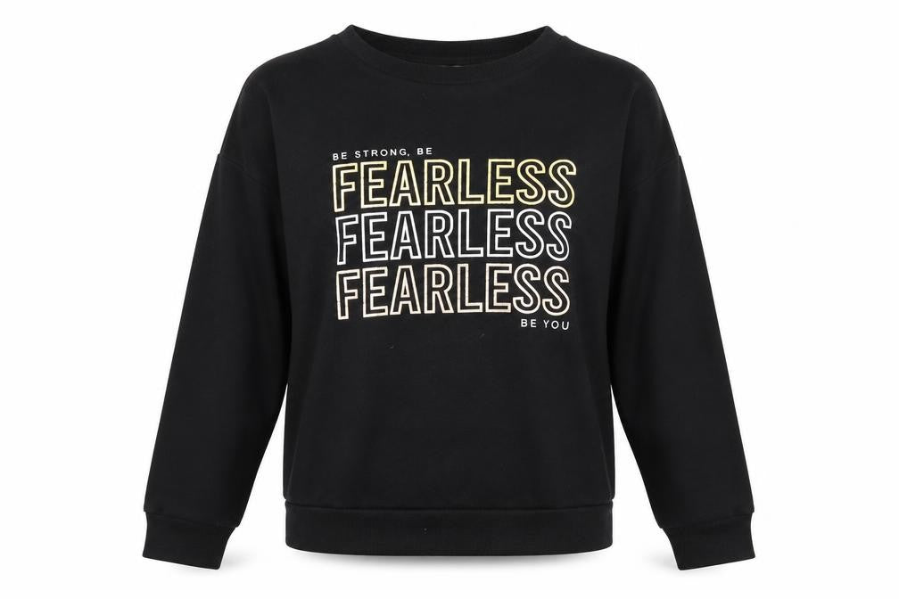 Front view of Pep&Co women’s black cotton pullover sweatshirt, size L, pullover - fearless
