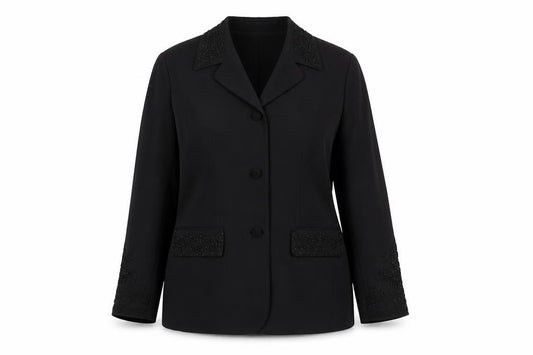 Front view of Opera women’s black polyester jacket blazer, size UK 12