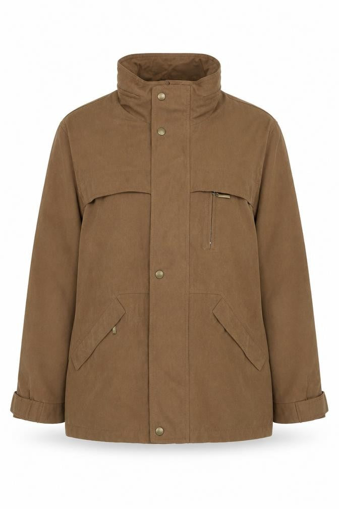 Front view of EWM women’s brown jacket, size M, zip