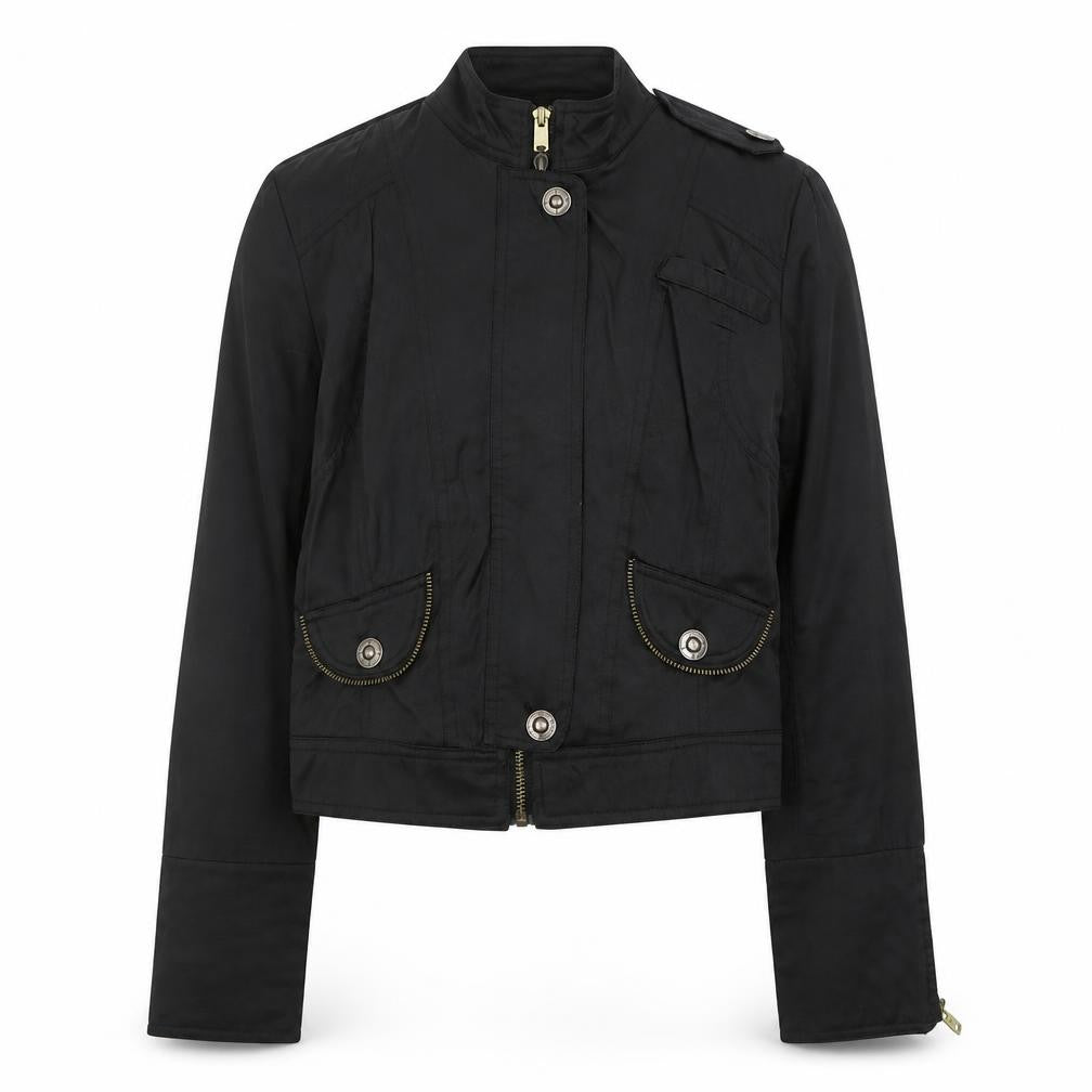 Front view of Zara women’s black jacket, size UK 4, zip