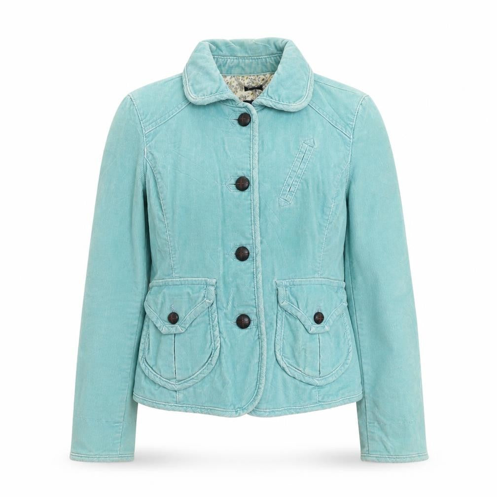 Front view of Gap women’s blue jacket, size UK 4, button