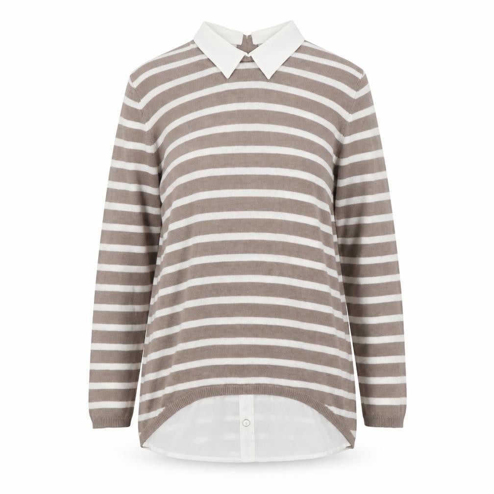 Front view of Atmosphere women’s beige collared striped viscose jumper, size UK 10