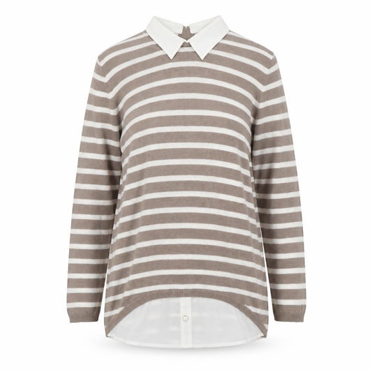 Front view of Atmosphere women’s beige collared striped viscose jumper, size UK 10