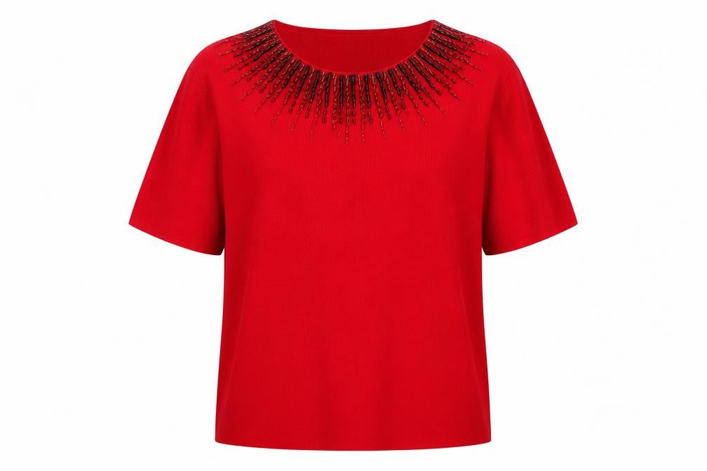 Front view of Laura G women’s red round neck viscose jumper, size L