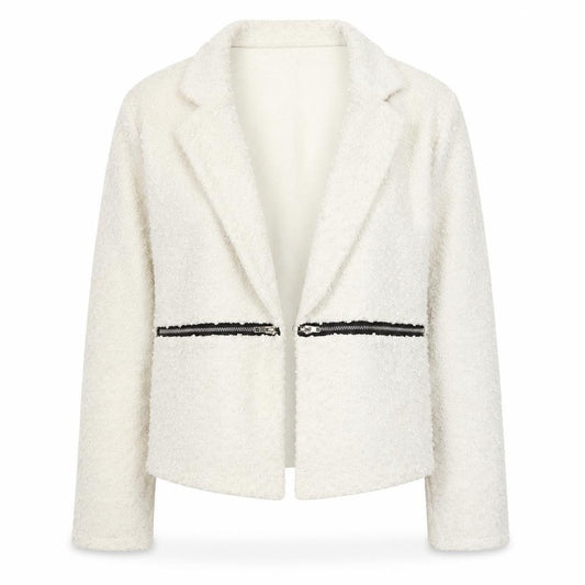 Front view of Mela London women’s ivory jacket, size UK 12, hook & eye