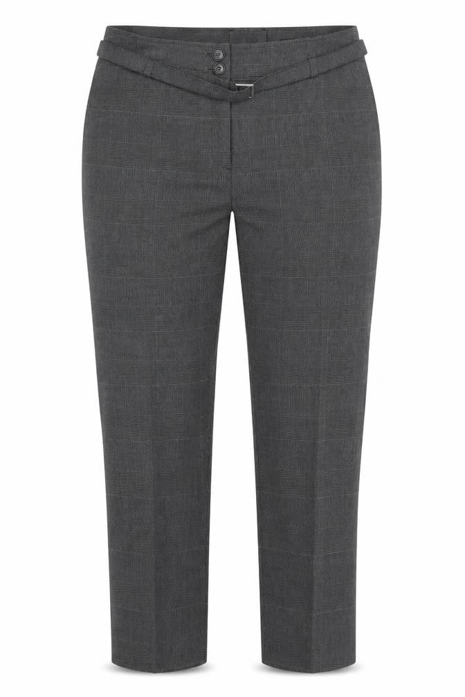 Front view of Kapp Ahl women’s grey plaid polyester trousers, size UK 33, in regular zip