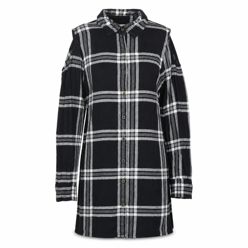 Front view of Miss Evie women’s black plaid viscose basic button-up, size UK 10, collared