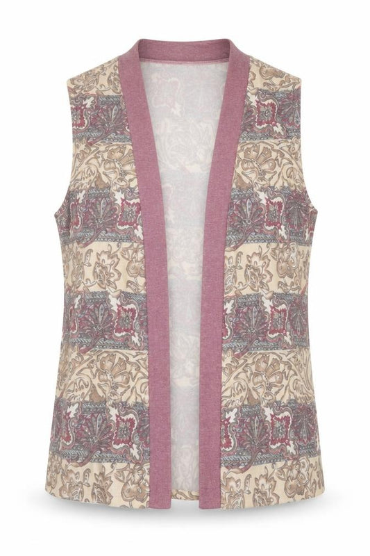 Front view of Heather Valley women’s beige v-neck geometric polyester cardigan jumper, size UK 14