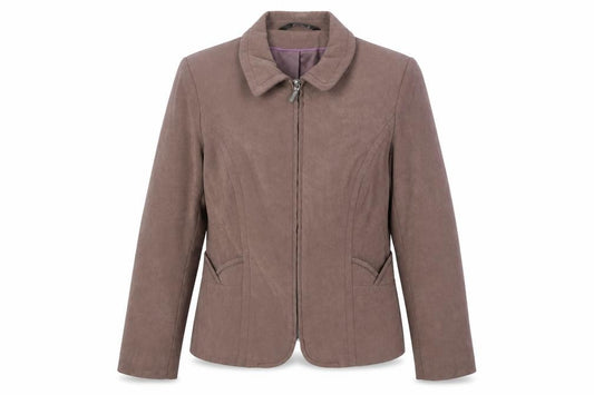 Front view of Bonmarché women’s brown jacket, size UK 14, zip