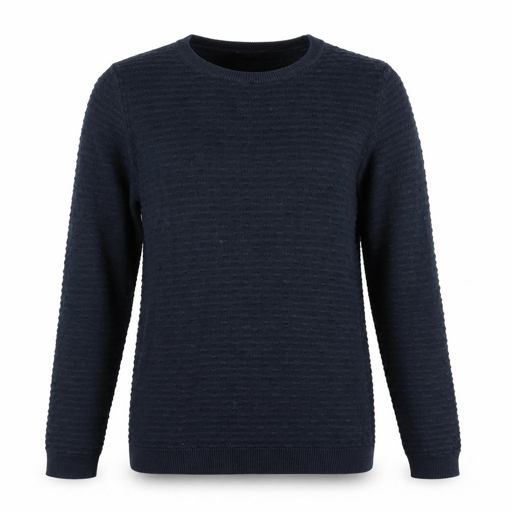 Front view of VILA women’s blue round neck acrylic jumper, size M