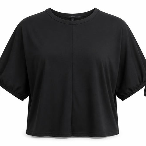 Boohoo Womens Black Polyester Basic T-Shirt Size 12 Round Neck - Tie Sleeve Detail