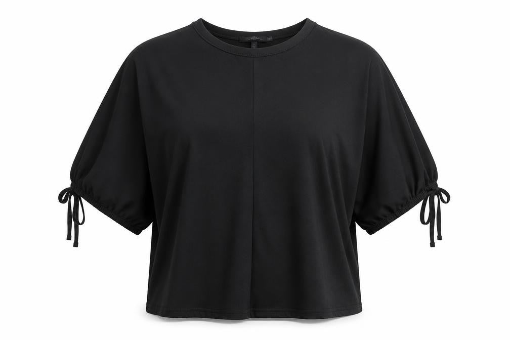 Boohoo Womens Black Polyester Basic T-Shirt Size 12 Round Neck - Tie Sleeve Detail