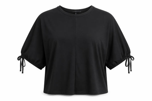 Front view of Boohoo women’s black polyester basic t-shirt, size UK 12, round neck - tie sleeve detail