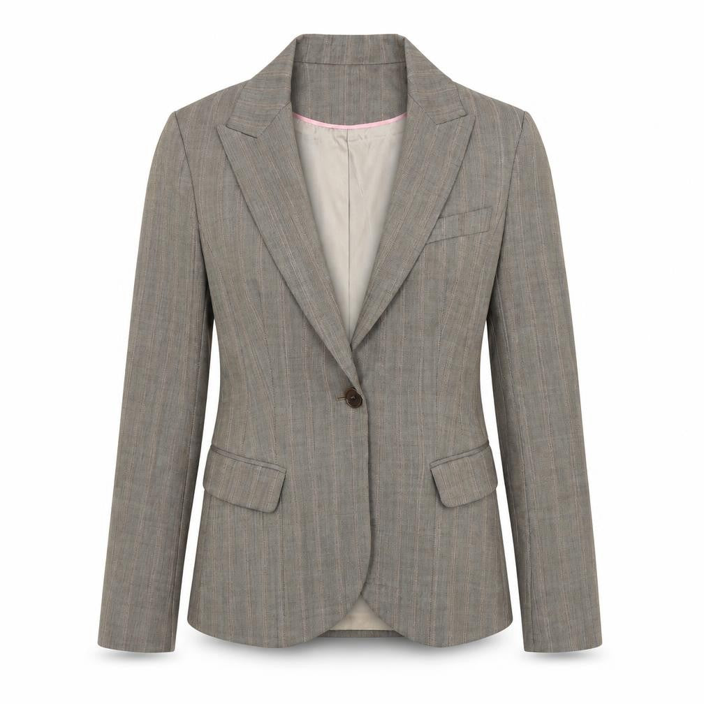 Front view of Warehouse women’s beige wool jacket blazer, size UK 12