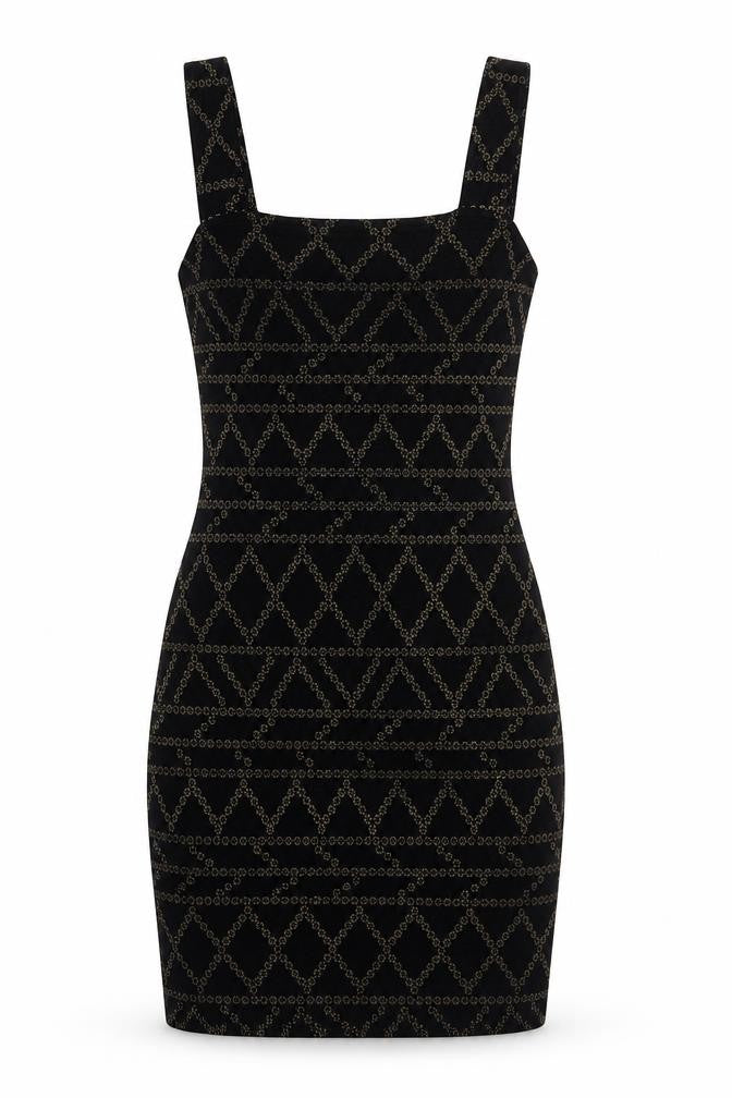 Front view of H&M women’s black geometric viscose bodycon, size S, square neck pullover