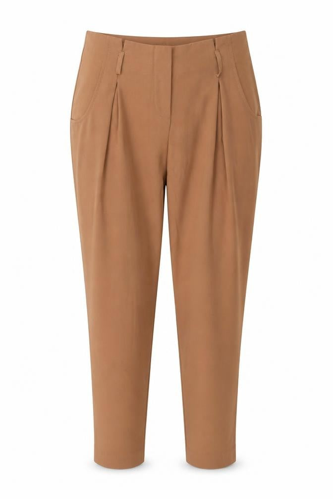 Front view of New Look women’s brown polyester trousers, size UK 12, regular hook & eye