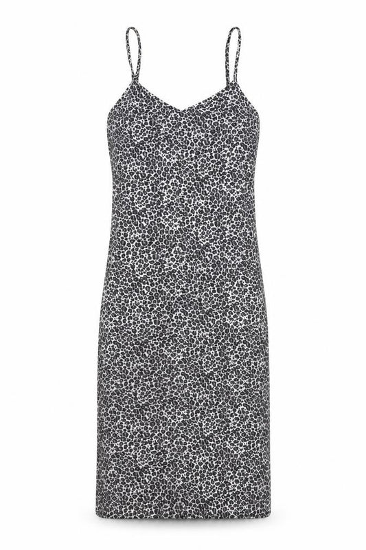 Front view of PRETTYLITTLETHING women’s grey animal print polyester slip dress, size UK 10, v-neck pullover - leopard pattern