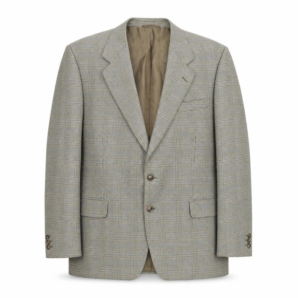 Front view of Enrico men’s grey plaid polyester jacket blazer, size 44, regular