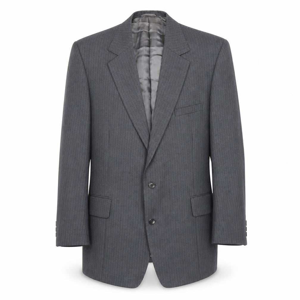 Front view of Barney Goodman men’s grey striped polyester jacket suit jacket, size 40, regular