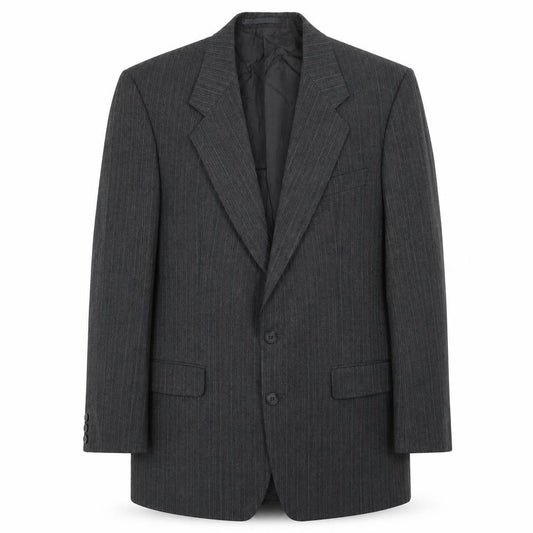 Front view of Marks & Spencer men’s grey striped polyester jacket suit jacket, size 40, regular