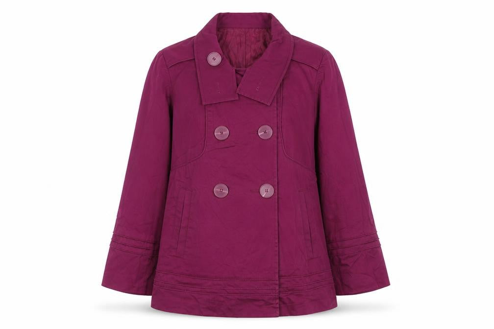 Front view of 2 friends women’s purple parka coat, size L, button