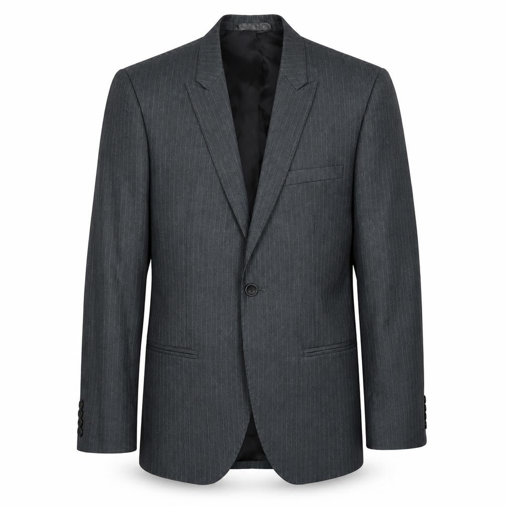 Front view of Butler & Webb men’s grey striped polyester jacket suit jacket, size 36, regular